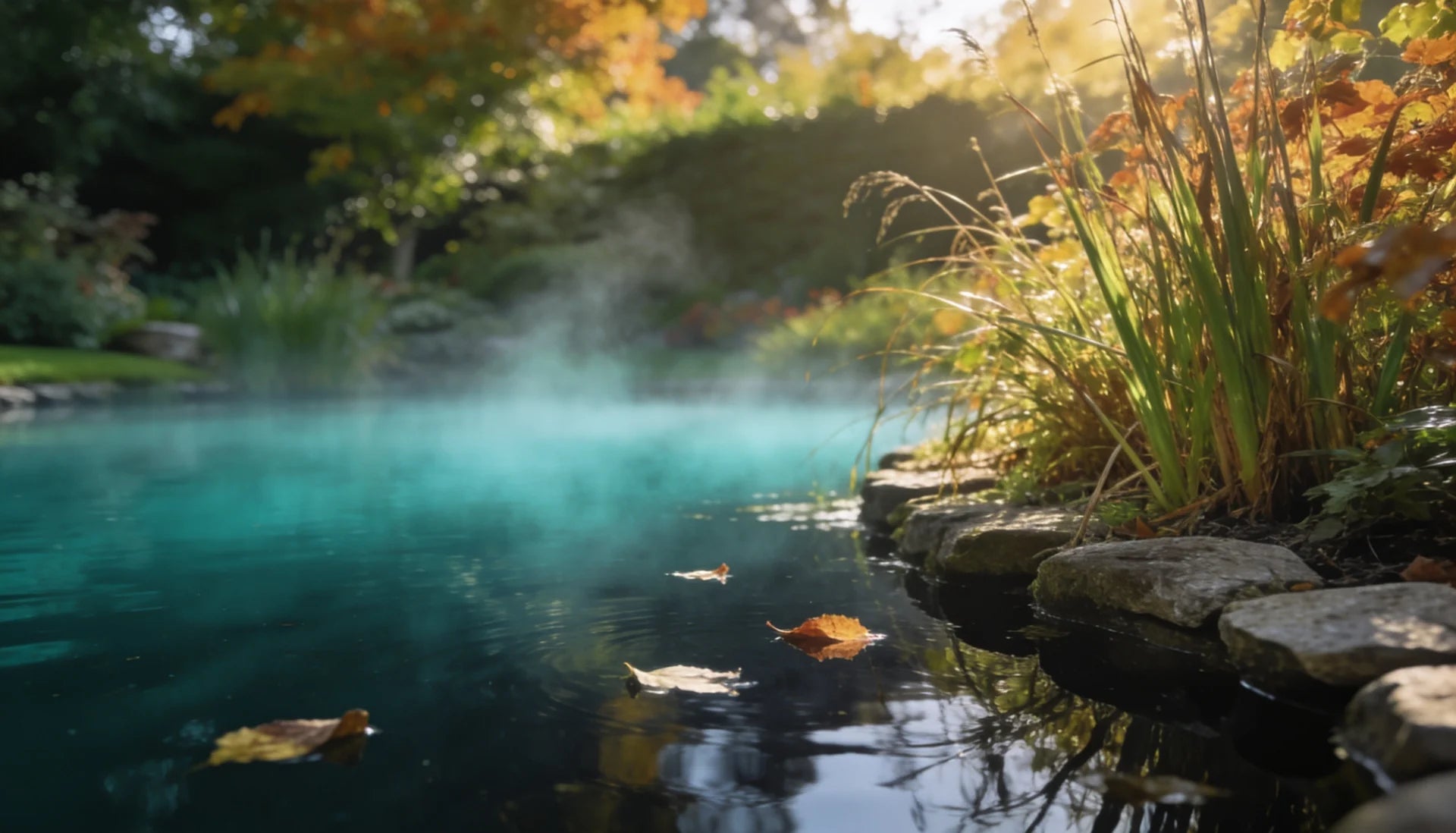 Gartenteich im Herbst mit Laub auf der Wasseroberfläche — Zeit zum Entschlammen mit dem TAPIR Teichschlammsauger